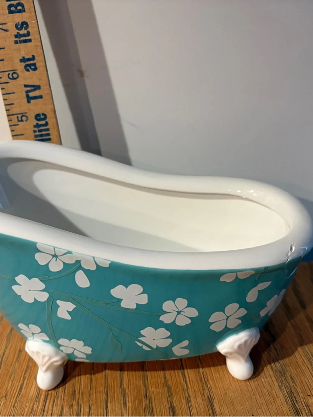 Vintage Bath & Body Works Turquoise Ivory Floral Ceramic Clawfoot Bathtub